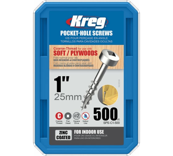 Шурупы с крупным шагом KREG 1", 25 мм, Pan-Head, 500 шт. SPS-C1-500-INT