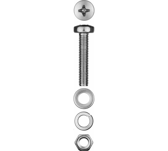 Винт ЗУБР M5x30 мм, DIN 7985, в комплекте с гайкой DIN 934, шайбой DIN 125, шайбой пруж., DIN 127, ТФ6, 12 шт. 4-303476-05-030 1