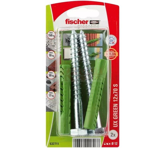 Дюбель универсальный fischer 12х70мм с шурупом UX Green 2шт. 532711
