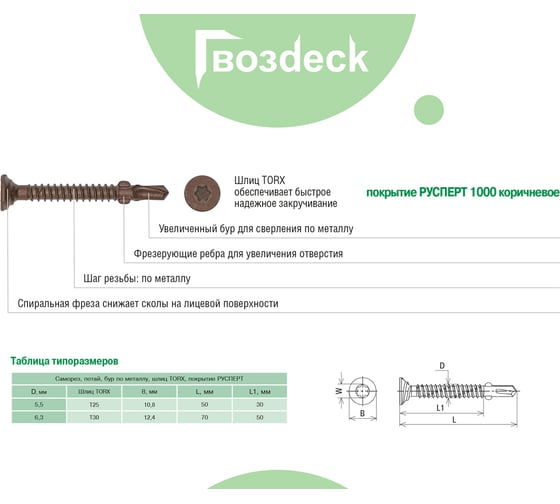 Саморез Гвозdeck флюгель дерево-металл, потайной 5,5х50 окрашенный Torx15, упаковка 200шт 20675550ECTXHR3