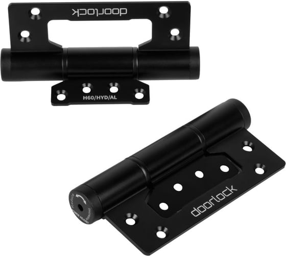 Петля карточная с доводчиком Doorlock H60/HYD/AL Black черная, без врезки, комплект из 2 шт., 2 скорости закрывания, ФОП фиксация в открытом пол 74091