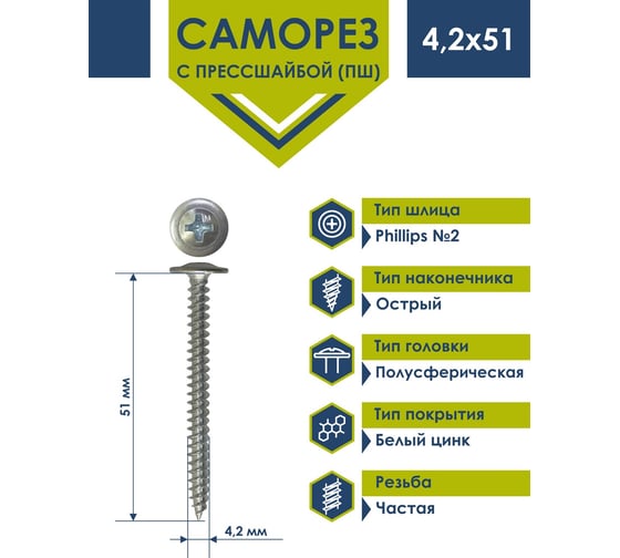 Саморез Daxmer ПШ 4,2x51 с прессшайбой острый белый цинк 1кг 00000432240