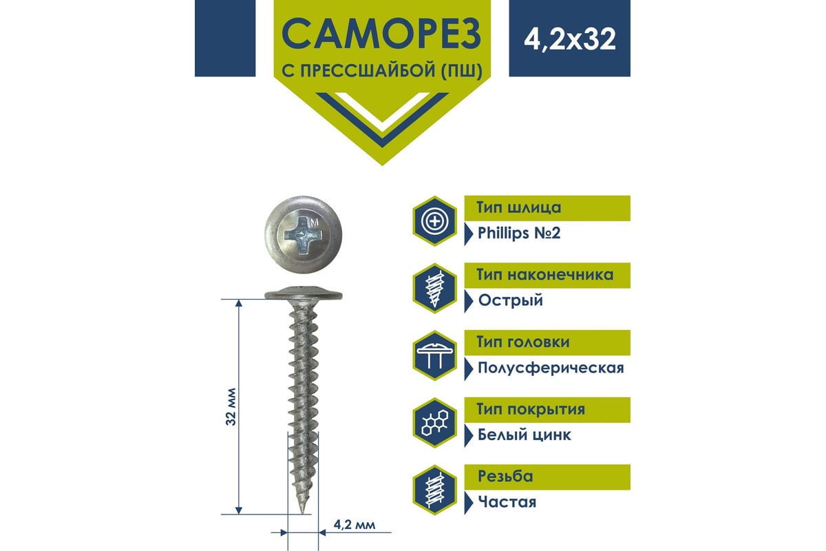 Саморез Daxmer ПШ 4,2x32 с прессшайбой острый белый цинк 1кг ...