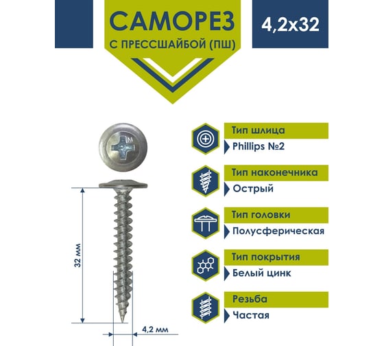 Саморез Daxmer ПШ 4,2x32 с прессшайбой острый белый цинк 1кг 00000413910