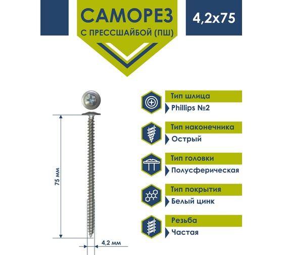 Саморез Daxmer ПШ 4,2x75 с прессшайбой острый белый цинк 1кг 00000432241