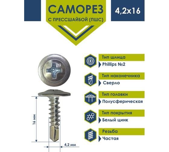 Саморез Daxmer ПШС 4,2x16 c прессшайбой сверло белый цинк 1кг 00000433460