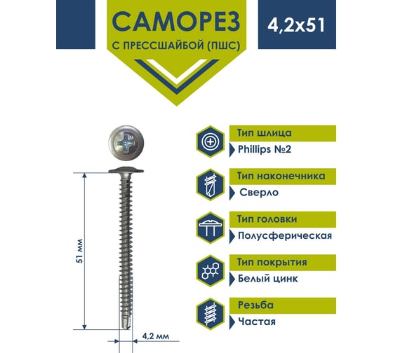 Саморез Daxmer ПШС 4,2x51 с преcсшайбой сверло белый цинк 1кг 00000432255