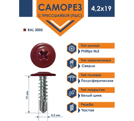 Саморез Daxmer ПШС 4,2x19 с прессшайбой сверло RAL 3005 1000 шт. 00000308041