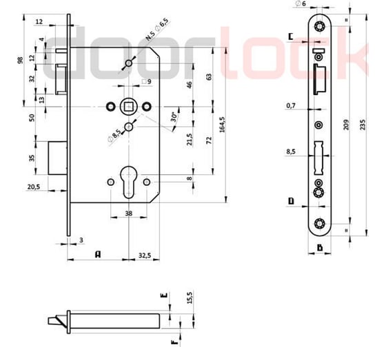 Корпус огнестойкого замка Doorlock DL 1769SL/E/65mm/SS/R правый, автоматическое запирание, антипаник функция E, нерж. сталь, фронтальная планка 24x235 75477