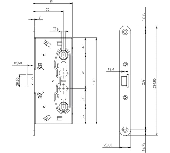 Корпус огнестойкого замка Doorlock DL 1901/65 мм, PZ ZN front 24x235, DIN, антипаника, симметричный 75400