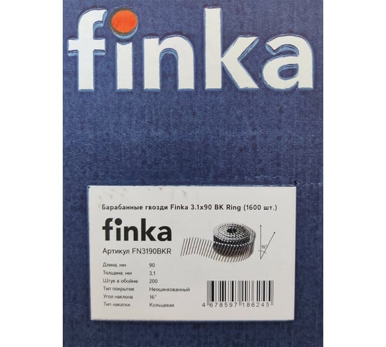 Барабанные гвозди Finka 3.1x90 BK Ring ершеные, 1600 шт. FN3190BKR