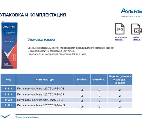 Врезная петля AVERS 125х75х2,5-B4-CR 31619