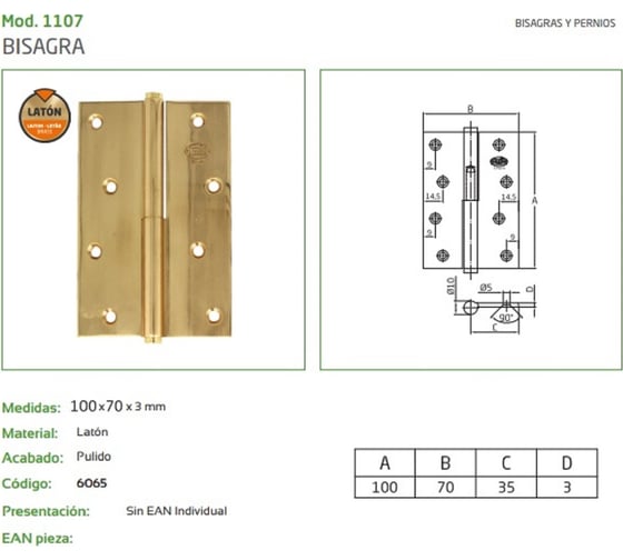 Петля Amig латунь зеркальная полированная IZ-правая 1107-100х70 (IZ)