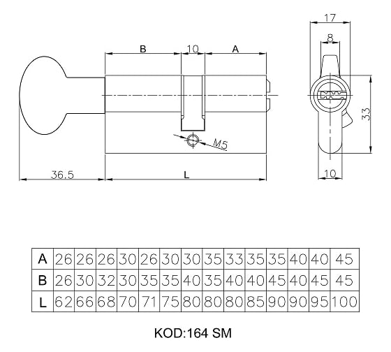 Цилиндровый механизм с вертушкой KALE KILIT 164 SM/90 (35+10+45) мм, никель, 5 кл. 25579