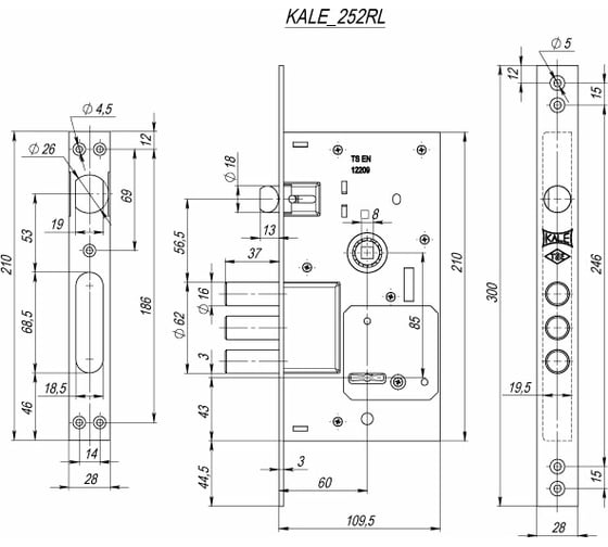 Врезной сувальдный замок с защёлкой KALE KILIT 252/RL тех. комплектация, 4 ключа 60 мм 41317