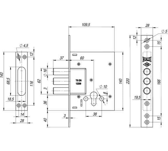 Корпус врезного цилиндрового замка KALE KILIT 257 w/b (тех. комплектация) 27261