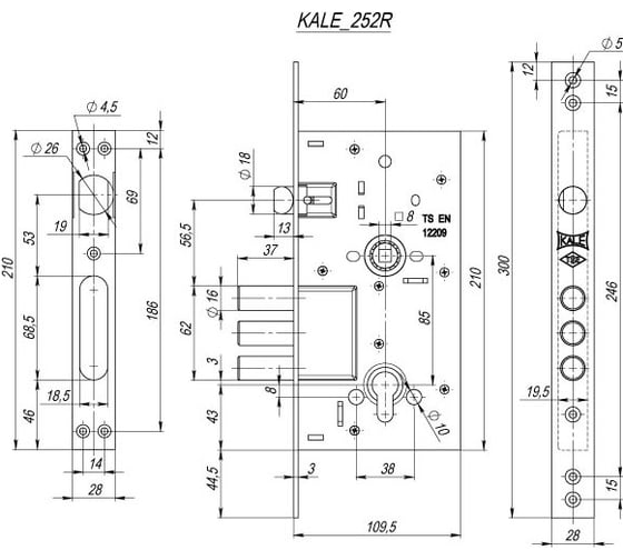 Корпус врезного цилиндрового замка с защёлкой KALE KILIT 252/R w/b 1121