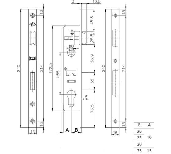 Корпус узкопрофильного замка с защёлкой KALE KILIT 153/P (25 мм) w/b хром 12631
