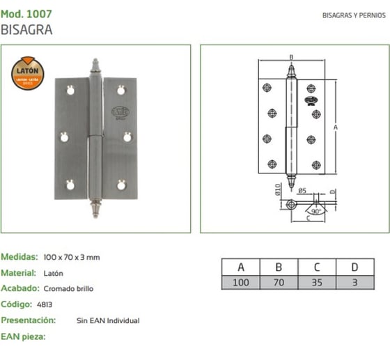 Петля Amig латунь хромированная, D-левая 1007-100х70 LCR (D)
