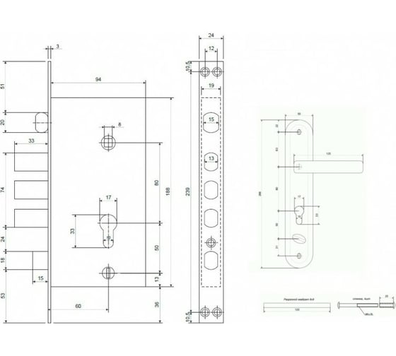 Врезной замок VETTORE 232 AB L в комплекте с ручкой, левый, бронза 20274