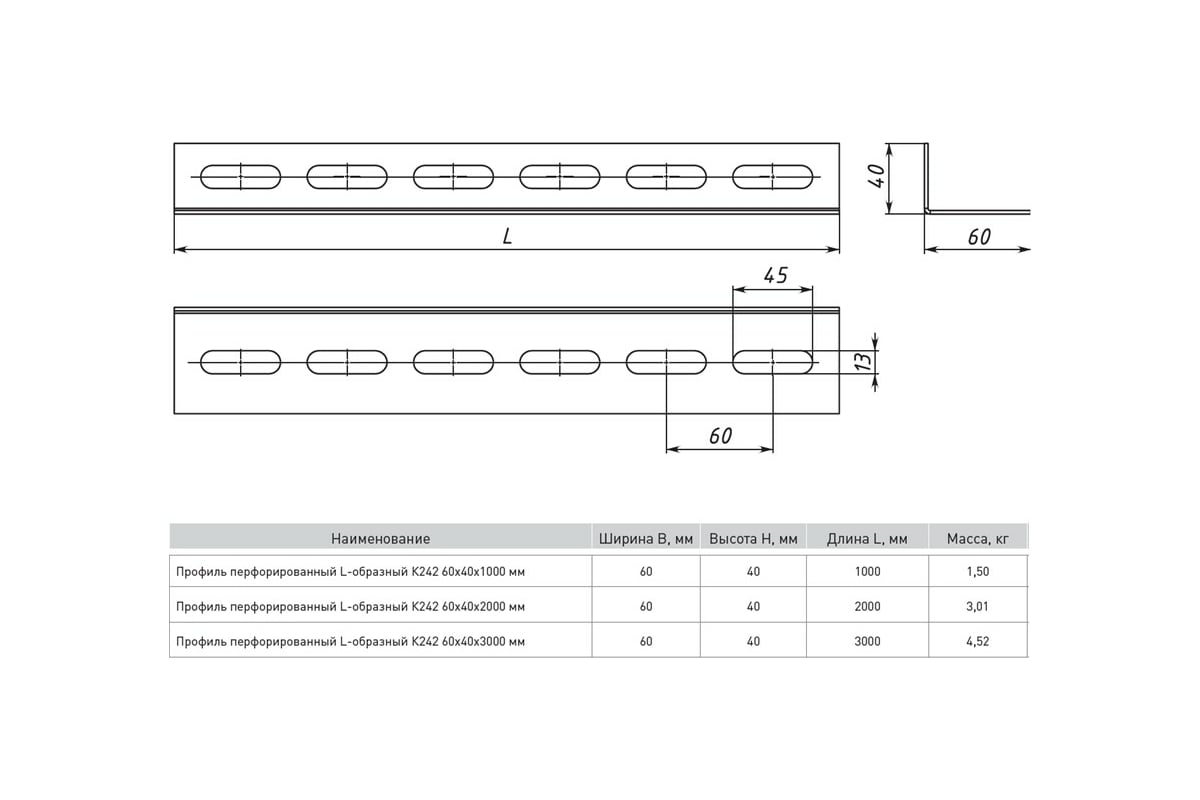 Перфорированный профиль EKF L-образный К242 60x40x3000 мм, 2 мм ppl6040 ...