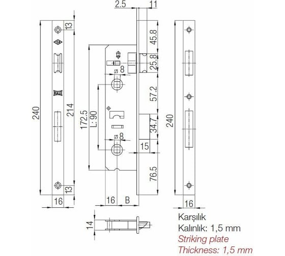 Врезной межкомнатный замок для аллюминиевых дверей KALE KILIT 269, WC, 90BS35, 23CP, SP, STB 26935000001