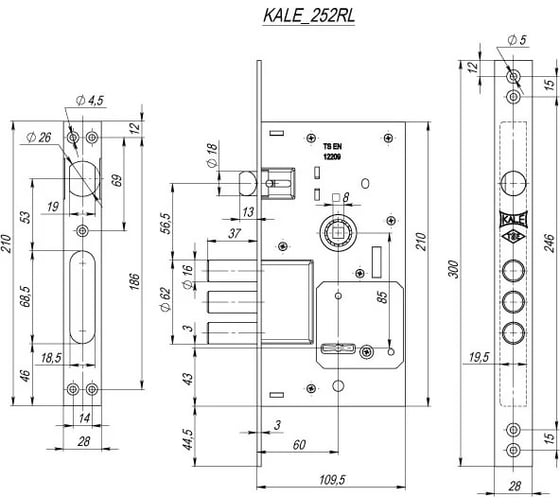 Врезной сувальдный замок KALE KILIT 252RL, 85BS60, 35CP, 5K (75 мм), w/o SP, w/o Ros, PB 252RL000029