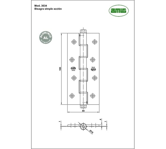 Пружинная петля Amig алюминий, покрытие золото 3034-180х80х4 ORO