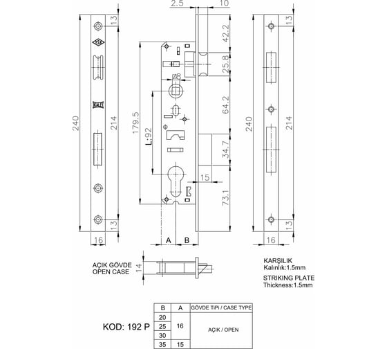 Врезной узкопрофильный цилиндровый замок KALE KILIT 192Р, 92BS25, 16CP, SP, Ros, STB 192P2500001