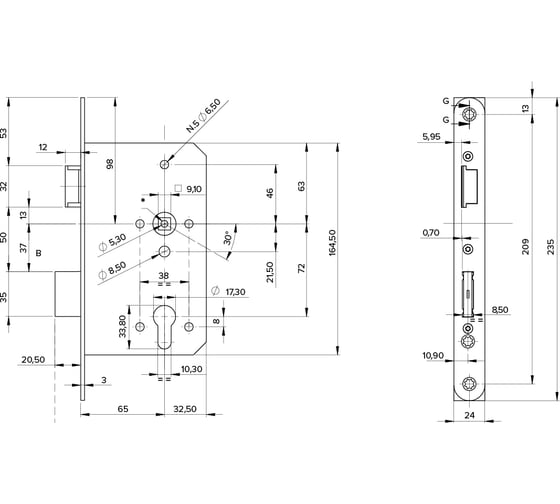 Корпус огнестойкого замка Doorlock DL 1769/B/65mm/ZN/L левый, 24x235 75486