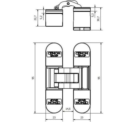 Дверная скрытая петля Cemom Moatti универсальная, 3D, 95x23 мм, 60 кг, цамак CEM0978A.06/MP
