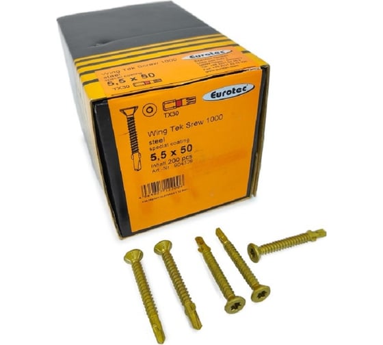 Саморезы Eurotec Wing Tek Srew 1000, 5.5x50, TX30, потайной, флюгель, 200 шт. 904339 1