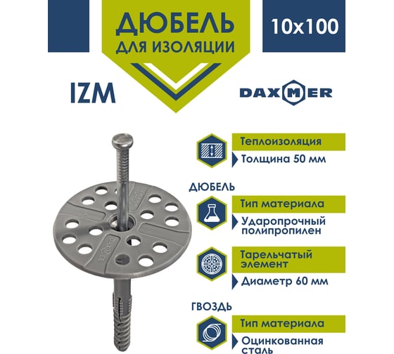 Дюбель гриб Daxmer для теплоизоляции с металлическим гвоздем IZМ 10x100, 500 шт 00000323698