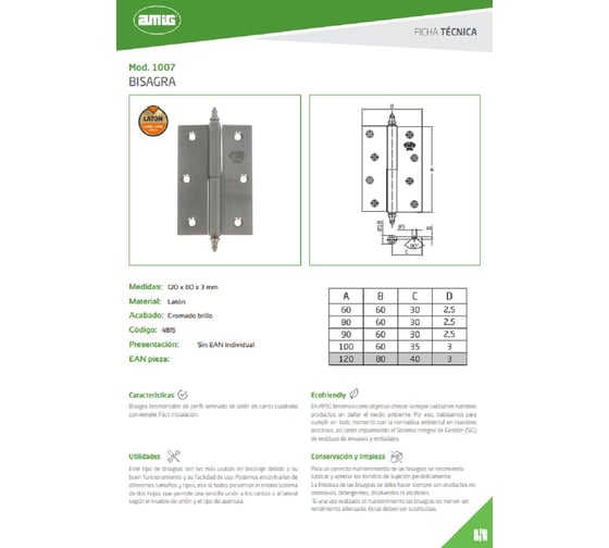 Латунная хромированная петля Amig D-Левая 1007-120х80 LCR (D)