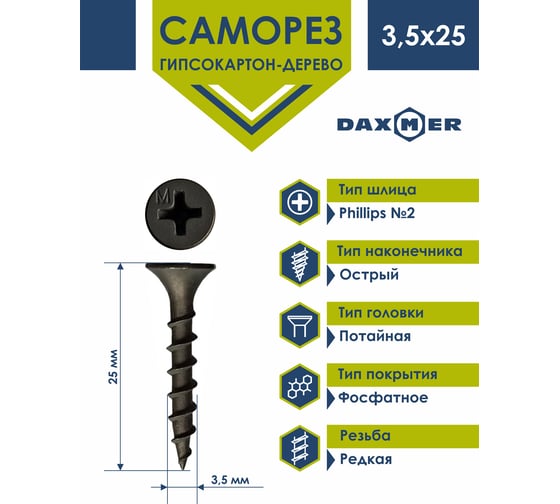 Саморез Daxmer ГКЛ по дереву усиленный 3,5x25 500 шт 00-00453699