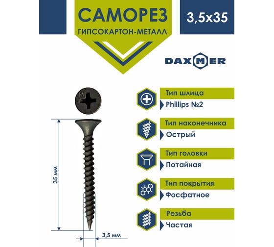 Саморез Daxmer ГКЛ по металлу усиленный 3,5x35 фосфатированный 400 шт 00000417793