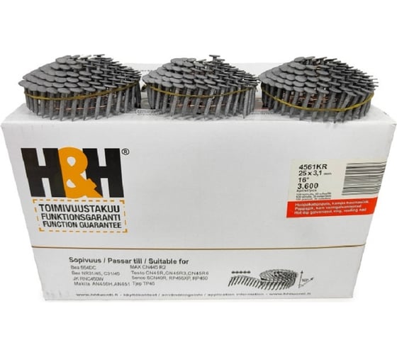 Кровельные гвозди H&H 3.1x25 Ring HDG горячий цинк, 3600 шт. 4561KR