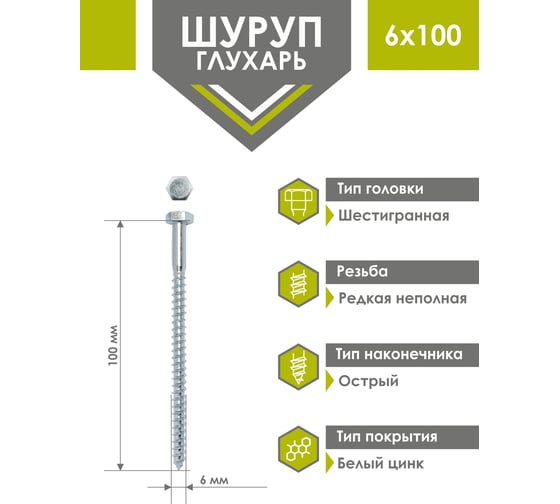 Сантехнический шуруп глухарь Daxmer DIN 571 6x100, 1400 шт 00000352743