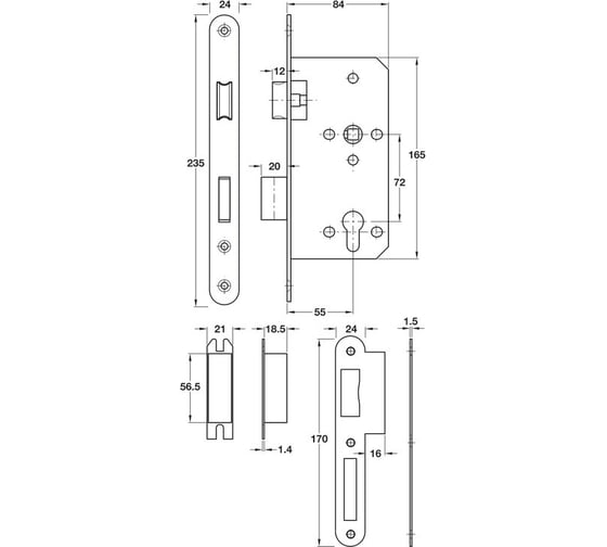 Врезной замок Hafele PC 55/20, черный 911.25.421
