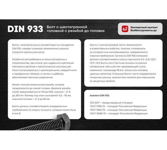 Болт с шестигранной головкой vipкрепеж набор, полная резьба, din 933, 12x40, 2 шт. 27928 VIP