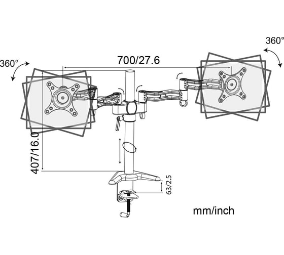 Кронштейн для мониторов CACTUS CS-VM-D08-AL серебристый, 13"-27" макс. 8 кг, настольный, поворот и наклон 441661