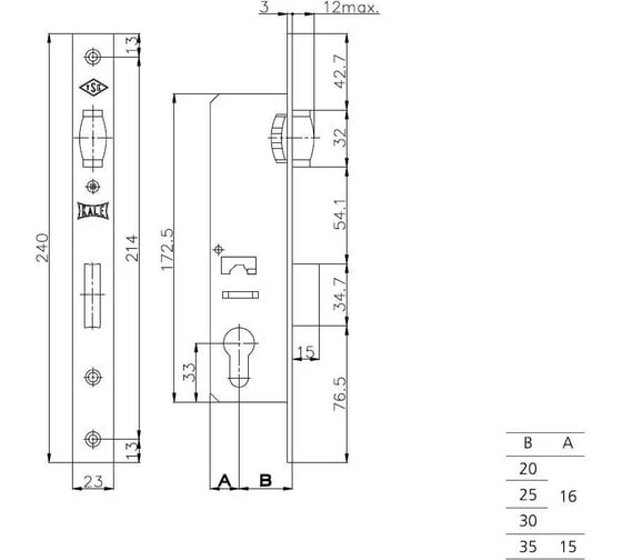 Врезной цилиндровый узкопрофильный замок KALE KILIT 155Р, BS25, R, 16CP, w/ o SP, DRos, STB 155P2500003