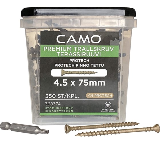 Саморезы с антикоррозийным покрытием для монтажа террас и фасадов Camo PREMIUM DECKING SCREW PROTECH 75x4.5 мм, C4, T20, 350 шт. 0 368374