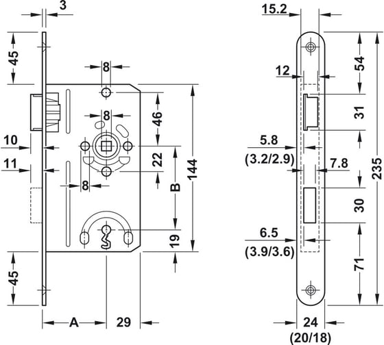 Замок Hafele K2 BB латунь, полированный DR55/24 правый 911.32.009
