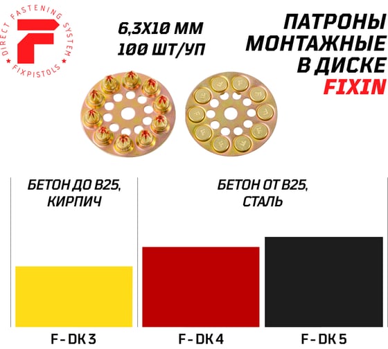 Индустриальный патрок в диске Fixpistols F-DK3, 6,3x10, желтый, 100 шт. 1-1-2-6114