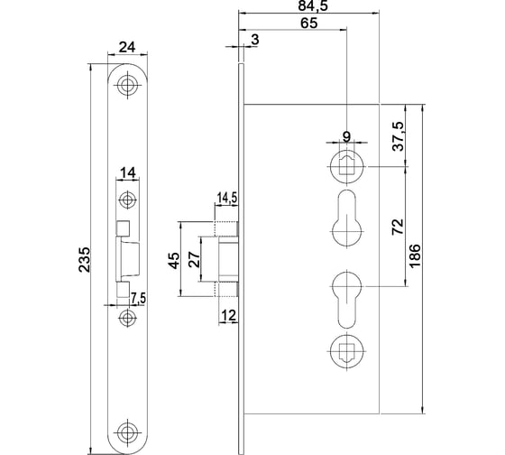 Корпус огнестойкого замка Doorlock DL 1739/65mm PZ ZN front 24x235, DIN, симметричный 75401