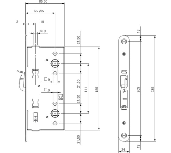 Корпус огнестойкого замка Doorlock DL 1902/21/65mm PZ ZN front 24x235, DIN, антипаника, для пассивной створки, симметричный 75402