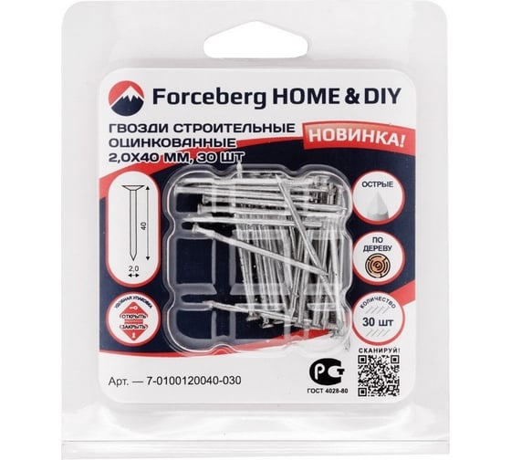Строительные оцинкованные гвозди по дереву Forceberg Home and DIY 2,0x40 мм, 30 шт. 7-0100120040-030