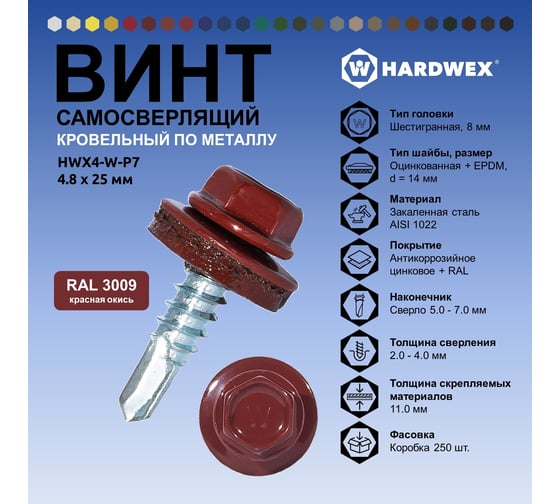 Саморез кровельный по металлу HARDWEX ТМ HWX4-W-P7-4.8x25 мм, св.№3, RAL 3009, 250 шт. 5190000001437