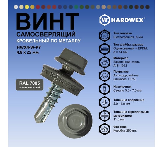 Саморез кровельный по металлу HARDWEX ТМ HWX4-W-P7-4.8x25 мм, св.№3, RAL 7005, 250 шт. 5190000001543